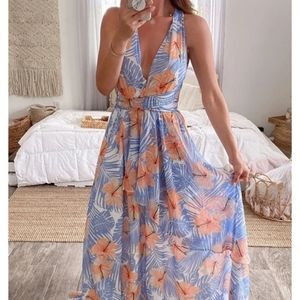 NEW L'ATISTE Purple Orange Tropical Halter Maxi Dress 2X